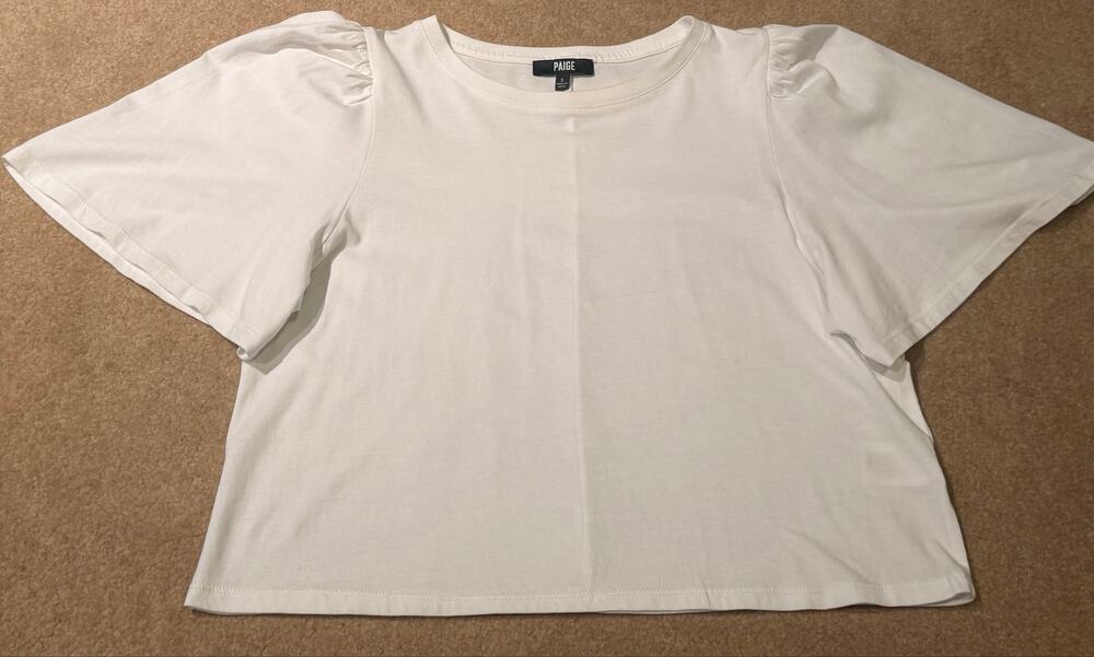 PAIGE White Puff Short Sleeve Cotton Crew Neck Top Tee Blouse Size Small S